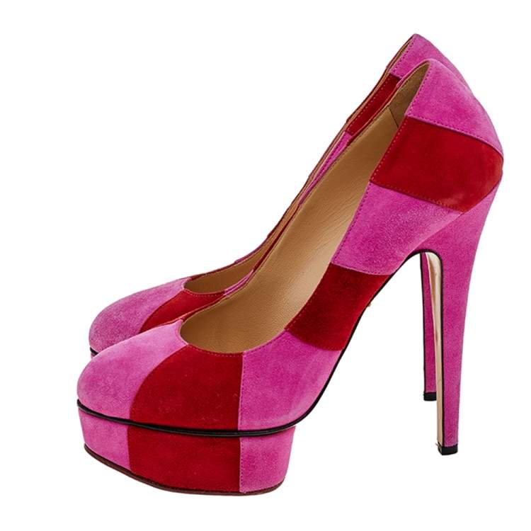 مملوكة مسبقًا Charlotte Olympia Pink/Red Suede Striped Priscilla Platform Pumps Size 38