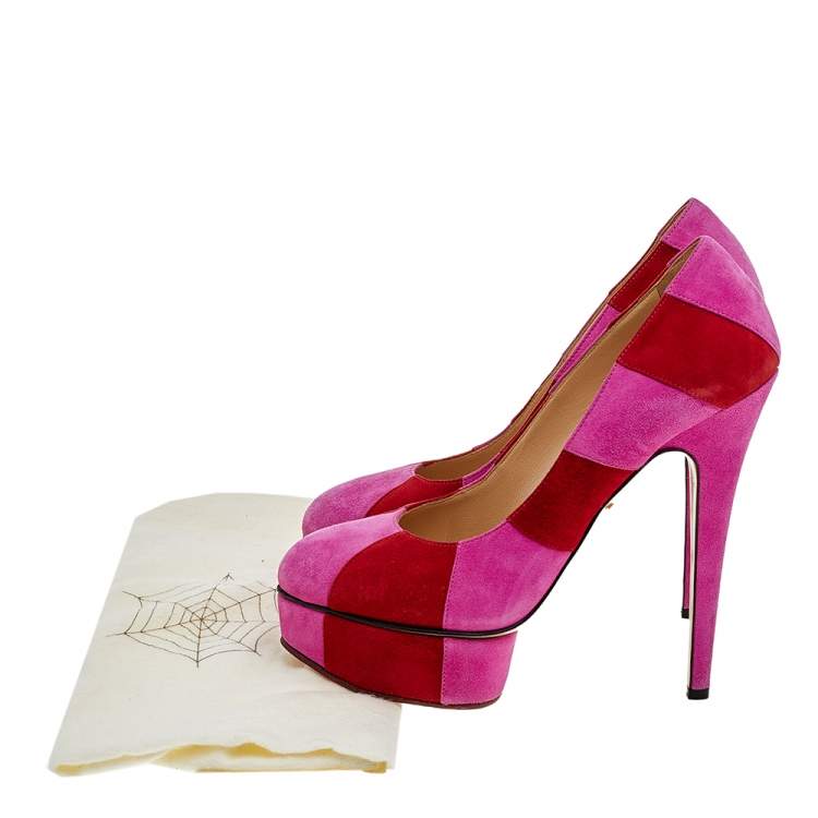 مملوكة مسبقًا Charlotte Olympia Pink/Red Suede Striped Priscilla Platform Pumps Size 38