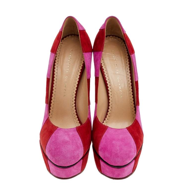 مملوكة مسبقًا Charlotte Olympia Pink/Red Suede Striped Priscilla Platform Pumps Size 38