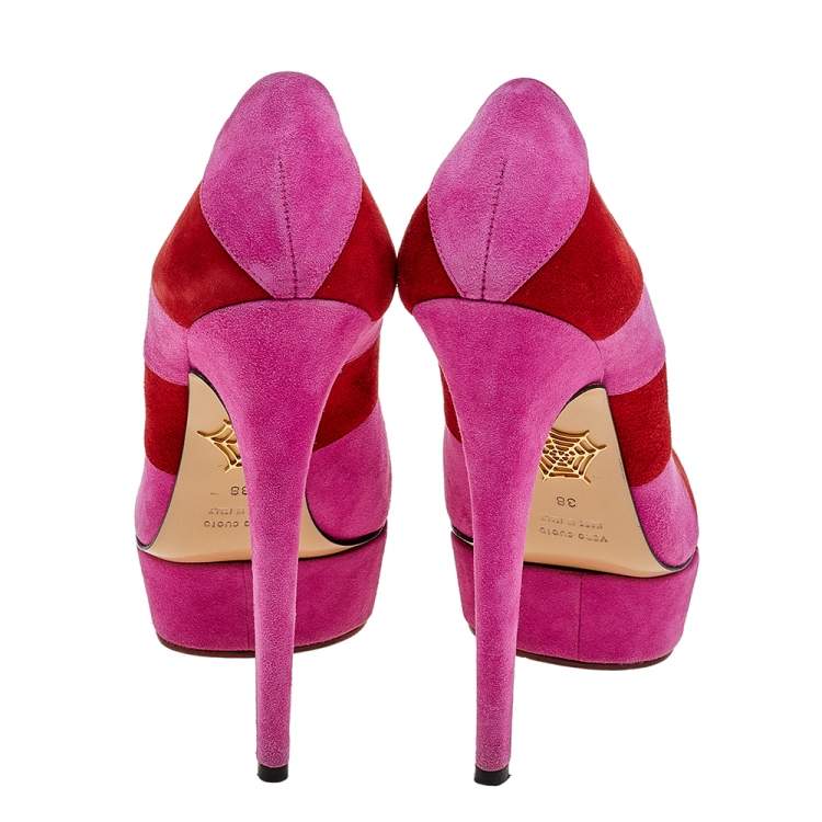 مملوكة مسبقًا Charlotte Olympia Pink/Red Suede Striped Priscilla Platform Pumps Size 38