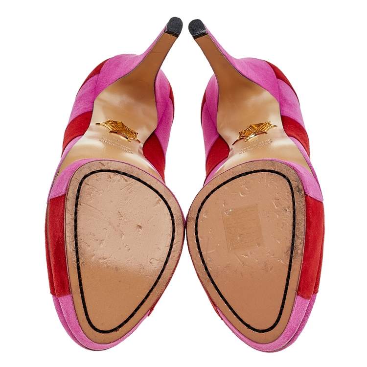 مملوكة مسبقًا Charlotte Olympia Pink/Red Suede Striped Priscilla Platform Pumps Size 38