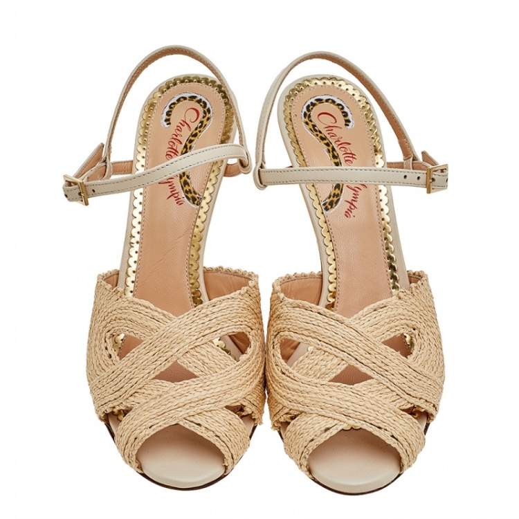 مملوكة مسبقًا Charlotte Olympia Beige Jute And Leather Slingback Sandals Size 38