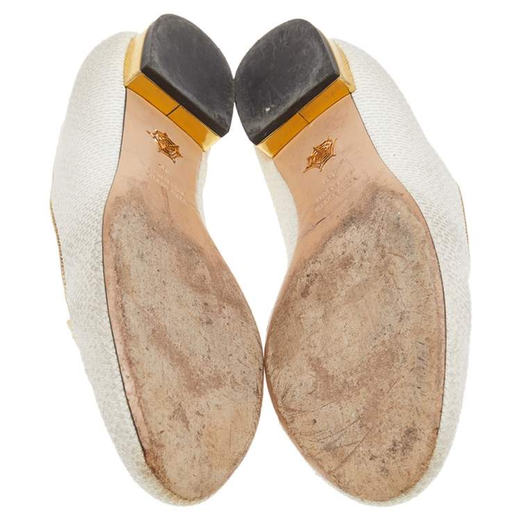 Pre Owned Charlotte Olympia White Embroidered Canvas Emoticat Cheeky Kitty Ballet Flats Size 39
