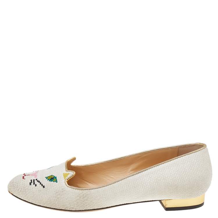 Pre Owned Charlotte Olympia White Embroidered Canvas Emoticat Cheeky Kitty Ballet Flats Size 39