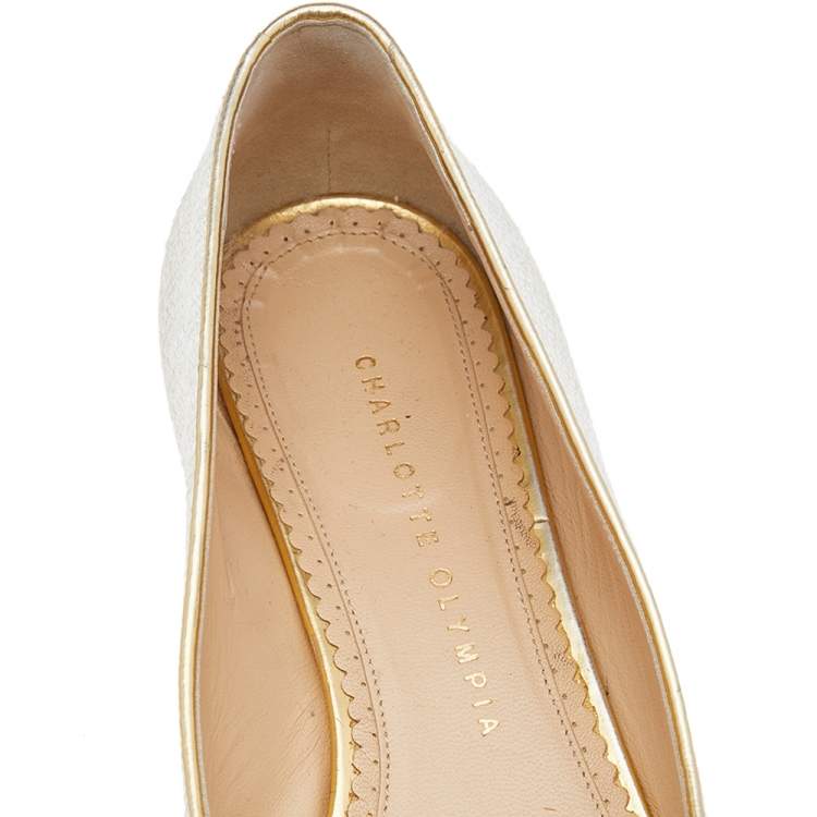 Pre Owned Charlotte Olympia White Embroidered Canvas Emoticat Cheeky Kitty Ballet Flats Size 39