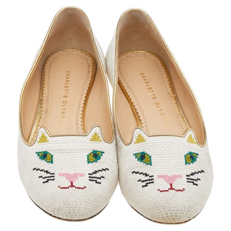 Pre Owned Charlotte Olympia White Embroidered Canvas Emoticat Cheeky Kitty Ballet Flats Size 39