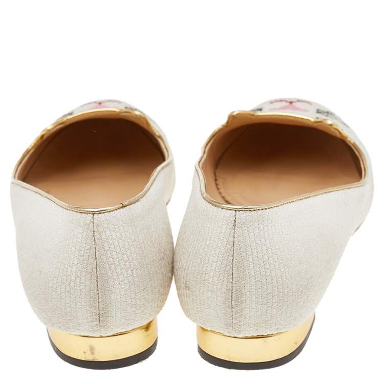 Pre Owned Charlotte Olympia White Embroidered Canvas Emoticat Cheeky Kitty Ballet Flats Size 39
