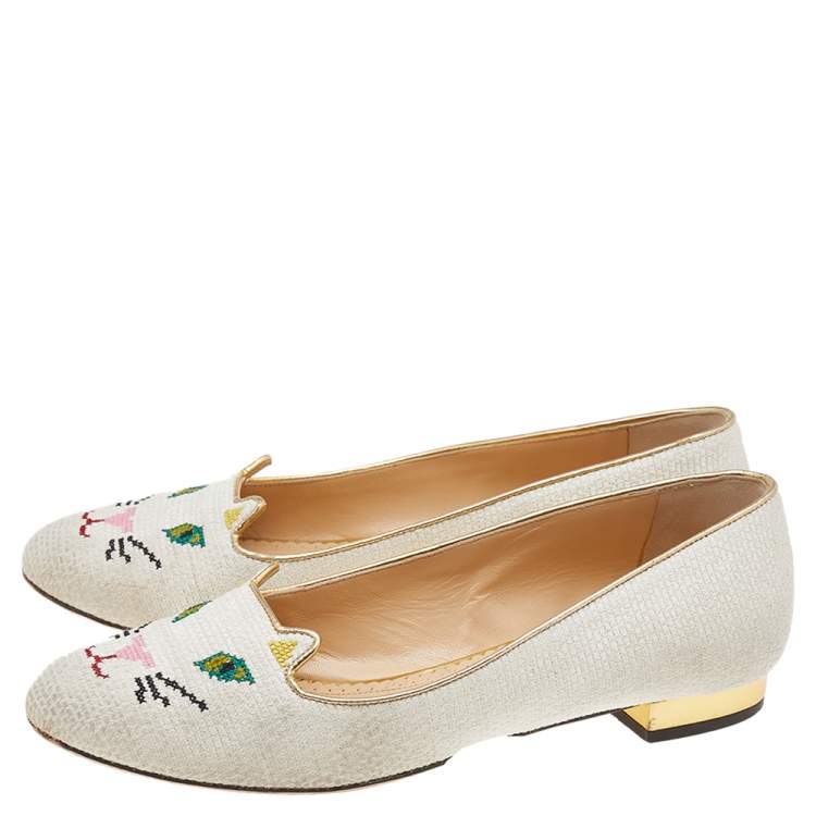 Pre Owned Charlotte Olympia White Embroidered Canvas Emoticat Cheeky Kitty Ballet Flats Size 39