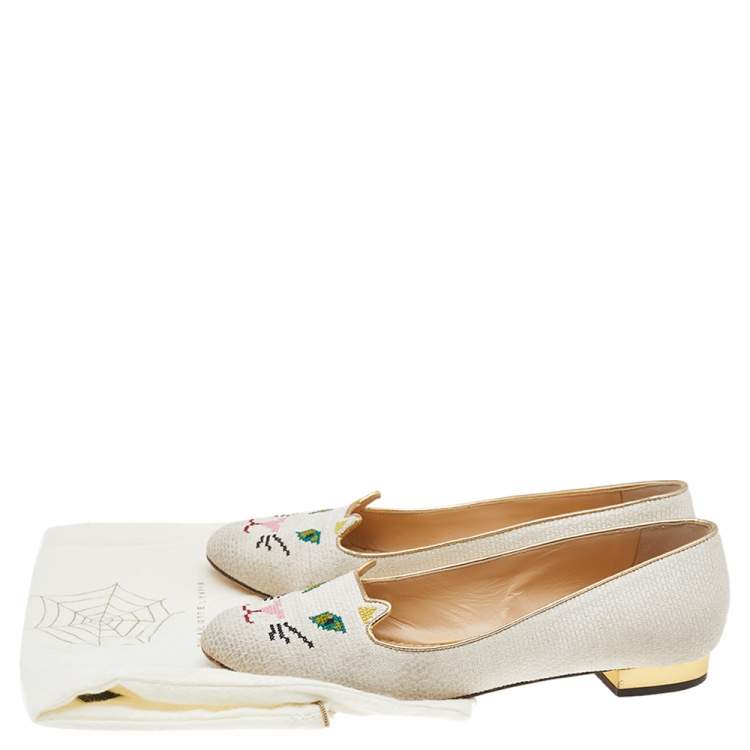 Pre Owned Charlotte Olympia White Embroidered Canvas Emoticat Cheeky Kitty Ballet Flats Size 39