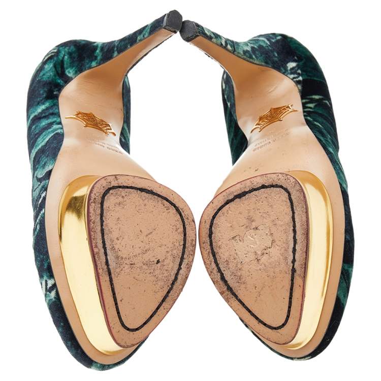 Pre Owned Charlotte Olympia Green Printed Velvet Dolly Platform Pumps Size 36