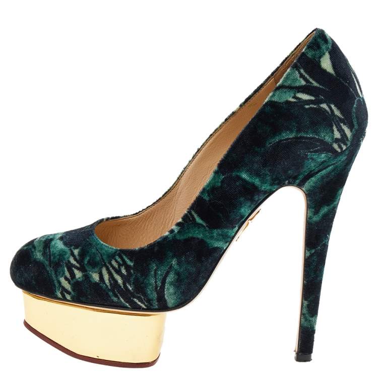 Pre Owned Charlotte Olympia Green Printed Velvet Dolly Platform Pumps Size 36