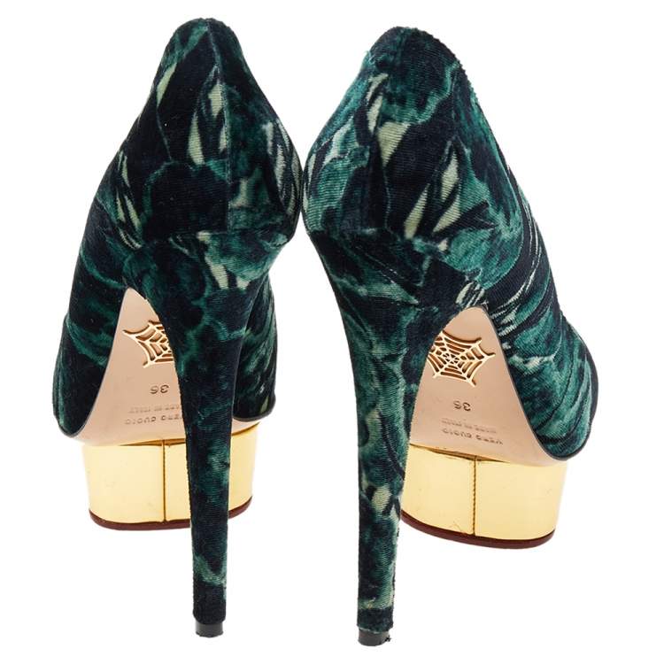Pre Owned Charlotte Olympia Green Printed Velvet Dolly Platform Pumps Size 36
