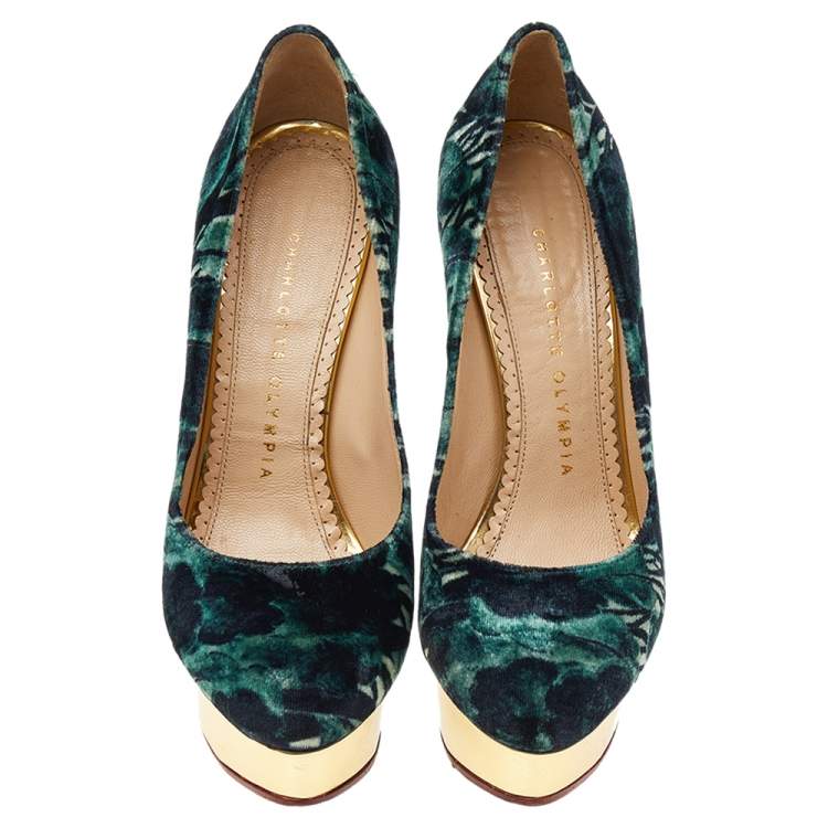 Pre Owned Charlotte Olympia Green Printed Velvet Dolly Platform Pumps Size 36