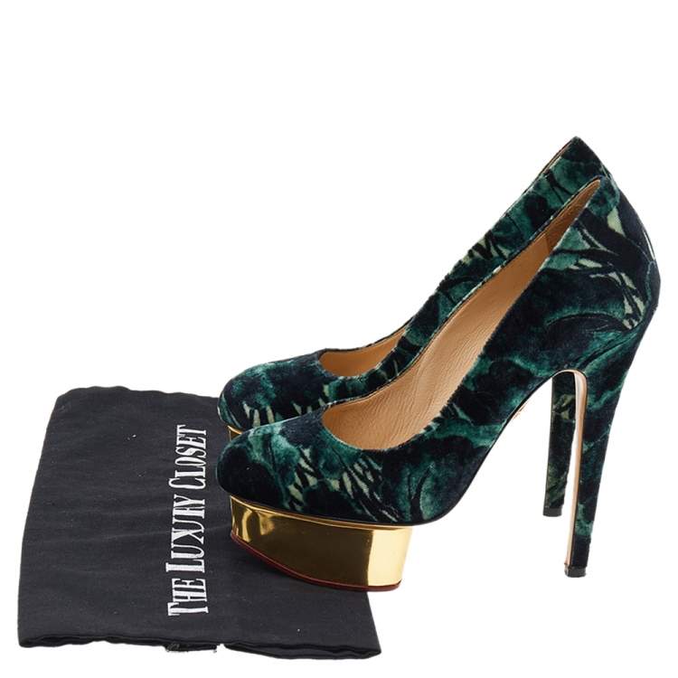 Pre Owned Charlotte Olympia Green Printed Velvet Dolly Platform Pumps Size 36