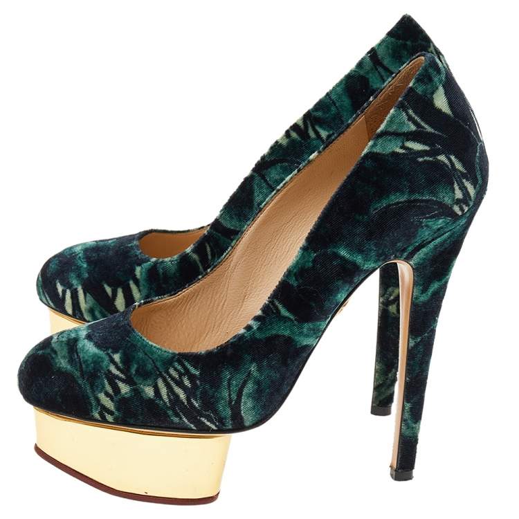 Pre Owned Charlotte Olympia Green Printed Velvet Dolly Platform Pumps Size 36