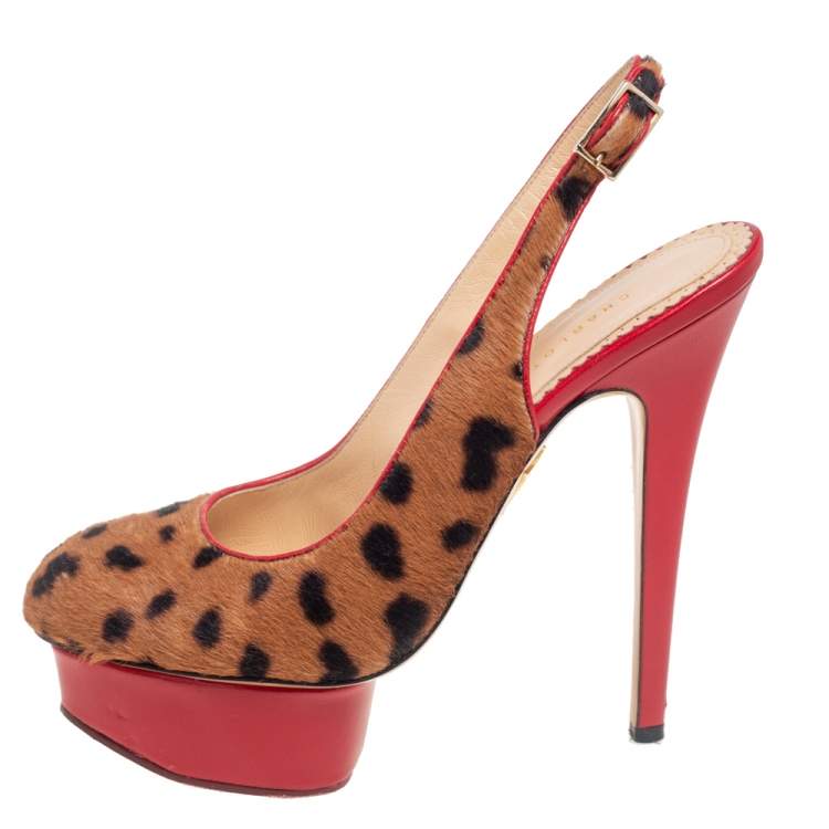 Pre Owned Charlotte Olympia Red/Brown Leopard Calfhair and Leather Dolly Slingback Pumps Size 37.5