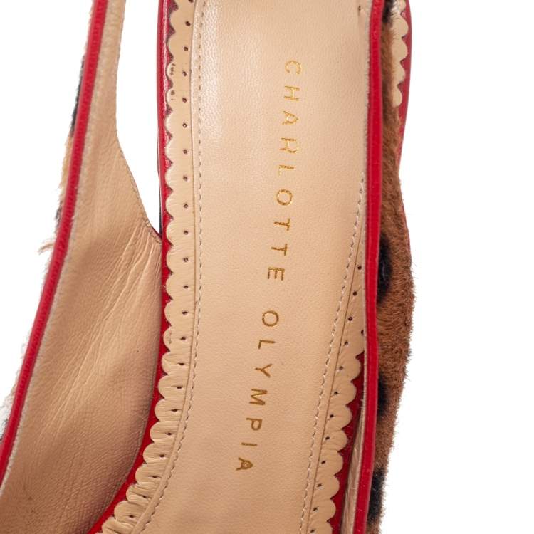 Pre Owned Charlotte Olympia Red/Brown Leopard Calfhair and Leather Dolly Slingback Pumps Size 37.5