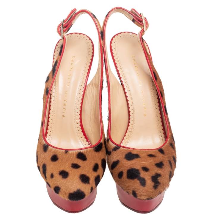 Pre Owned Charlotte Olympia Red/Brown Leopard Calfhair and Leather Dolly Slingback Pumps Size 37.5