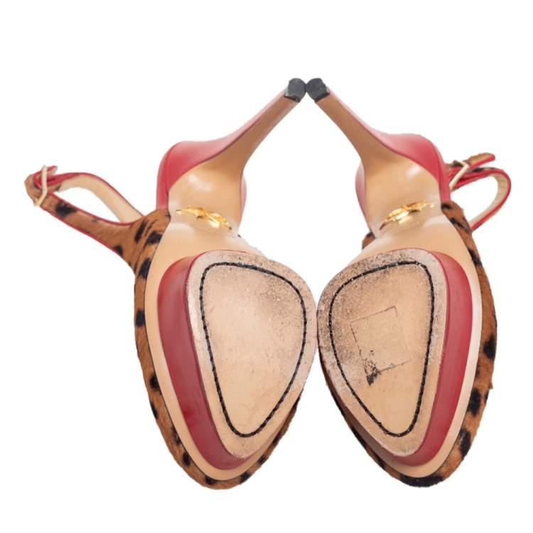 Pre Owned Charlotte Olympia Red/Brown Leopard Calfhair and Leather Dolly Slingback Pumps Size 37.5