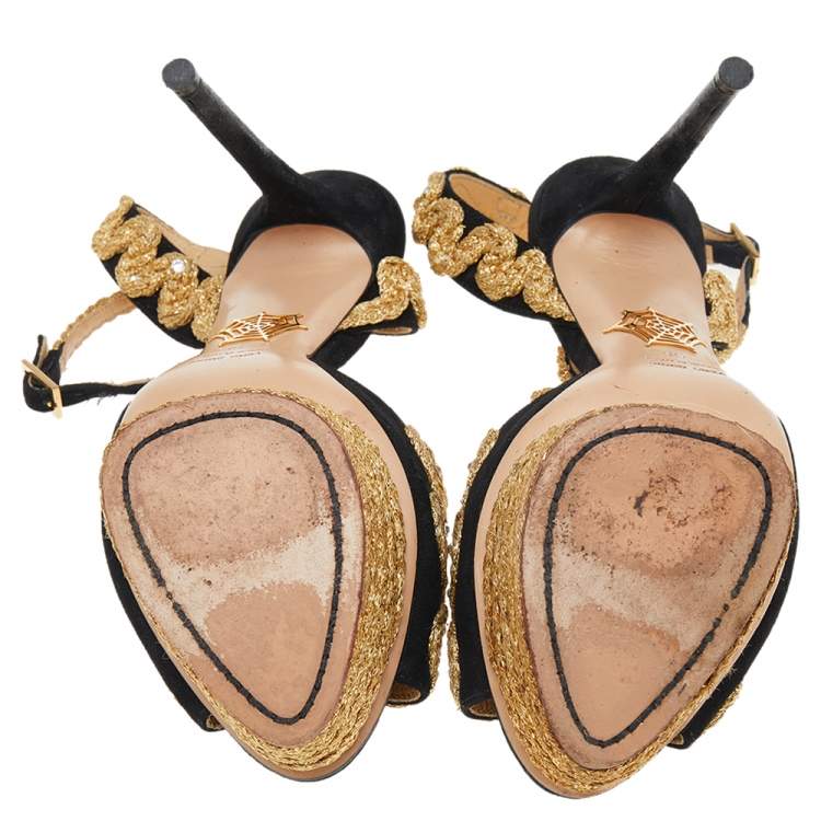 Pre Owned Charlotte Olympia Gold/Black Suede Ankle Strap Sandals Size 38