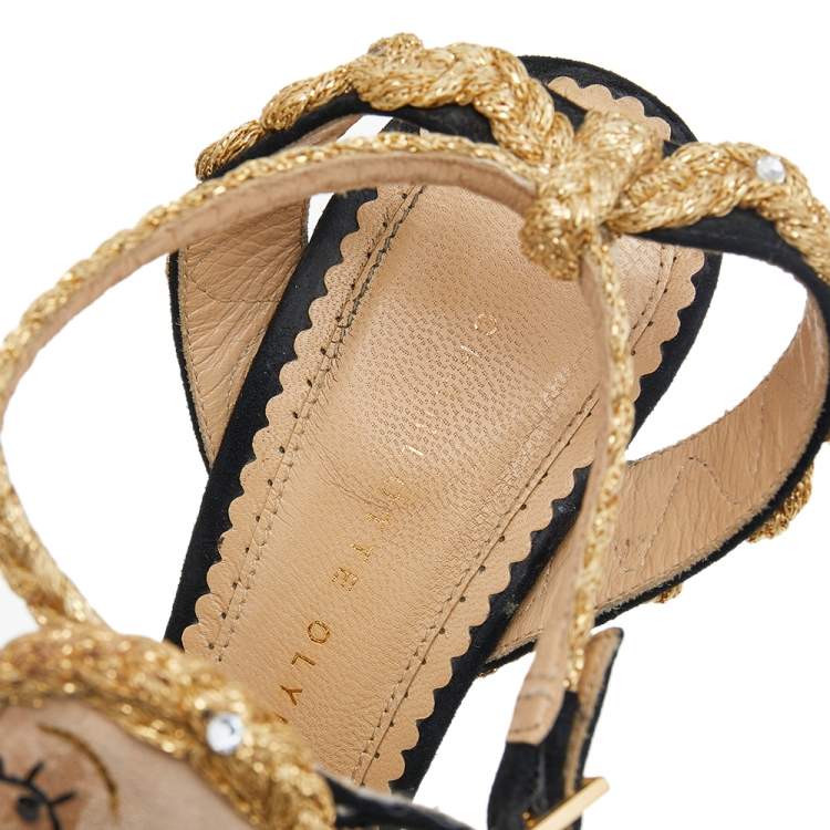 Pre Owned Charlotte Olympia Gold/Black Suede Ankle Strap Sandals Size 38