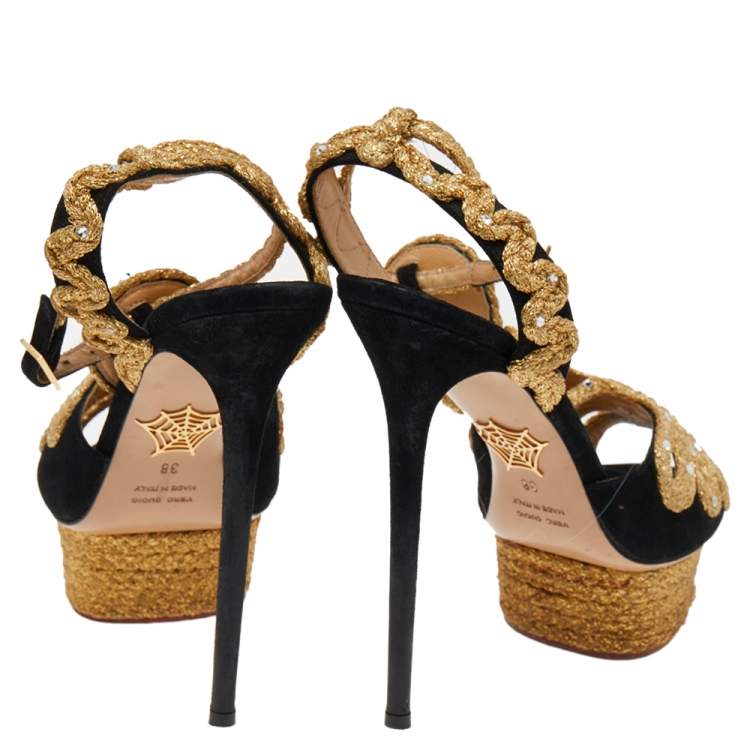 Pre Owned Charlotte Olympia Gold/Black Suede Ankle Strap Sandals Size 38