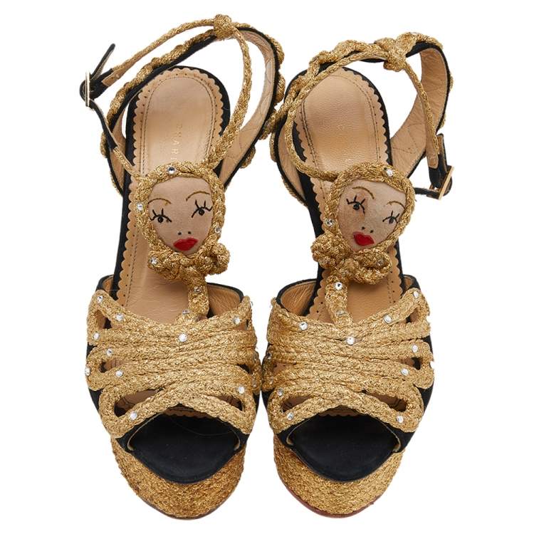 Pre Owned Charlotte Olympia Gold/Black Suede Ankle Strap Sandals Size 38