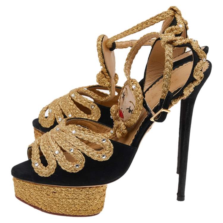 Pre Owned Charlotte Olympia Gold/Black Suede Ankle Strap Sandals Size 38