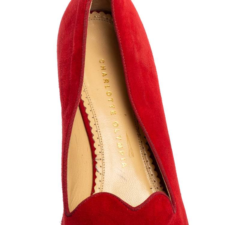Pre Owned Charlotte Olympia Red/Brown Leopard Print Calfhair and Suede Bisoux Lip Ballet Flats Size 41