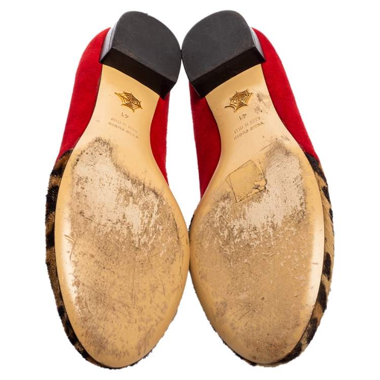 Pre Owned Charlotte Olympia Red/Brown Leopard Print Calfhair and Suede Bisoux Lip Ballet Flats Size 41