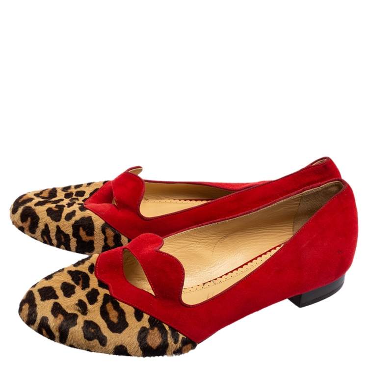 Pre Owned Charlotte Olympia Red/Brown Leopard Print Calfhair and Suede Bisoux Lip Ballet Flats Size 41