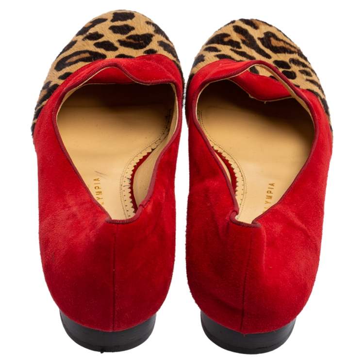 Pre Owned Charlotte Olympia Red/Brown Leopard Print Calfhair and Suede Bisoux Lip Ballet Flats Size 41
