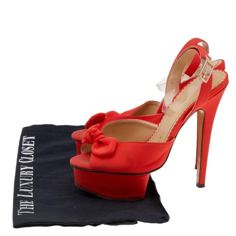 Pre Owned Charlotte Olympia Orange Satin Serena Bow Ankle Strap Platform Sandals Size 35