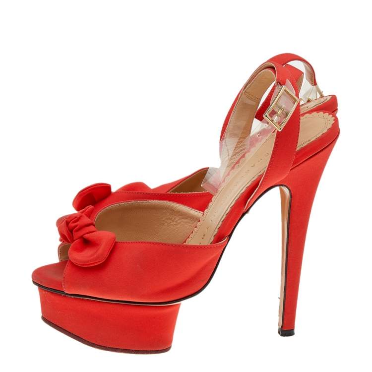 Pre Owned Charlotte Olympia Orange Satin Serena Bow Ankle Strap Platform Sandals Size 35