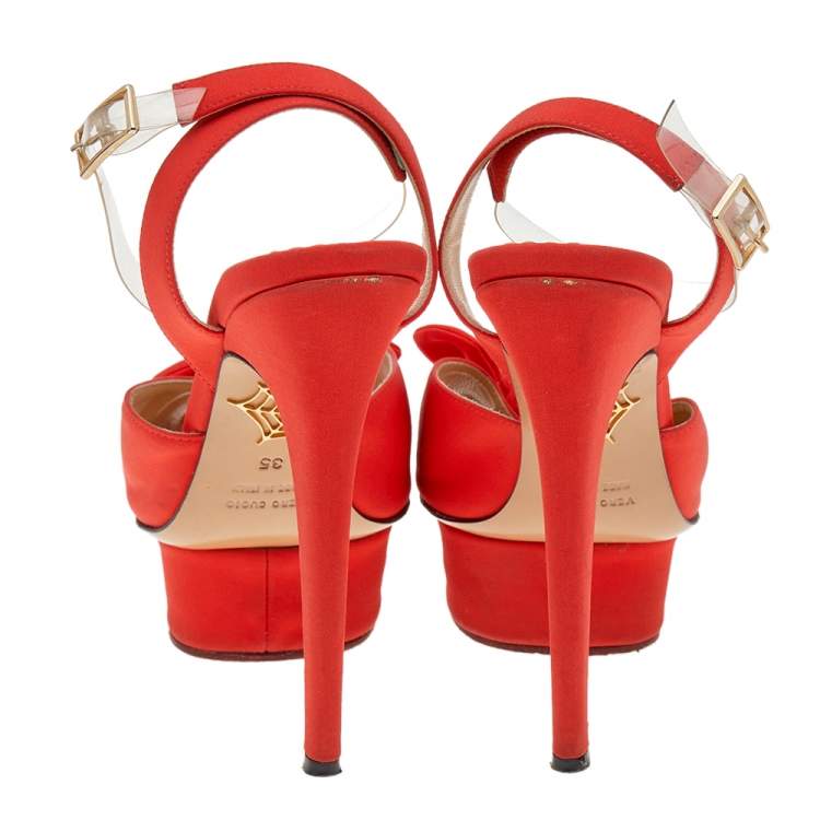 Pre Owned Charlotte Olympia Orange Satin Serena Bow Ankle Strap Platform Sandals Size 35