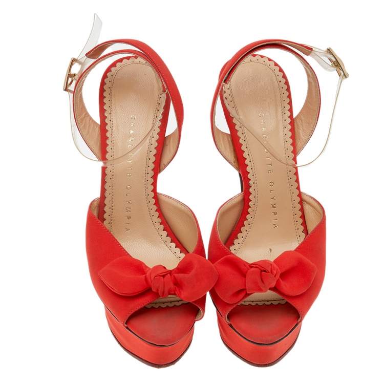 Pre Owned Charlotte Olympia Orange Satin Serena Bow Ankle Strap Platform Sandals Size 35