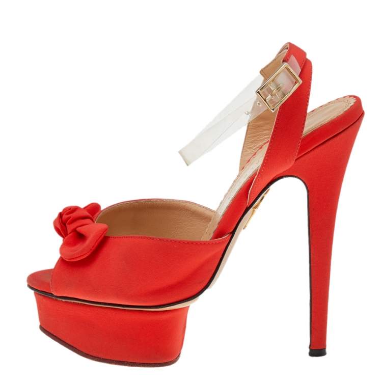 Pre Owned Charlotte Olympia Orange Satin Serena Bow Ankle Strap Platform Sandals Size 35