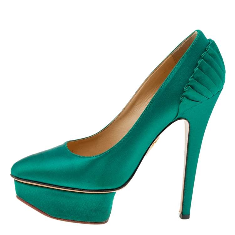 Pre Owned Charlotte Olympia Green Satin Paloma Platform Pumps Size 35.5