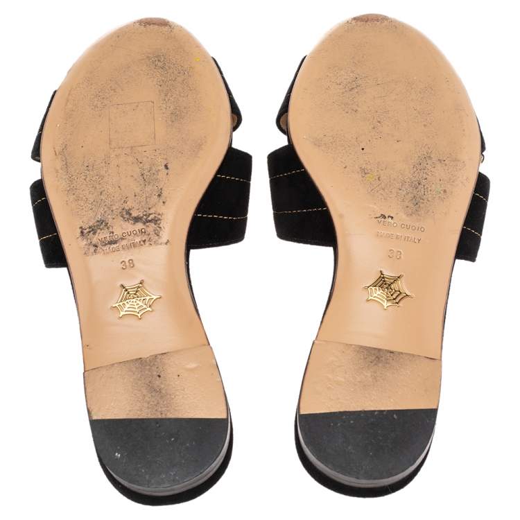 Pre Owned Charlotte Olympia Black Suede Tropical Floral Embellished Flat Slides Size 38