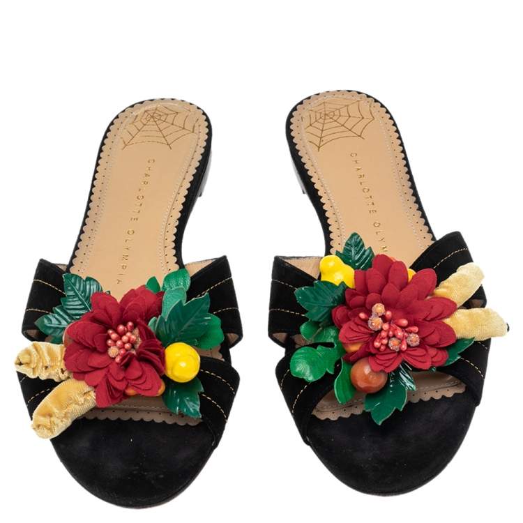 Pre Owned Charlotte Olympia Black Suede Tropical Floral Embellished Flat Slides Size 38