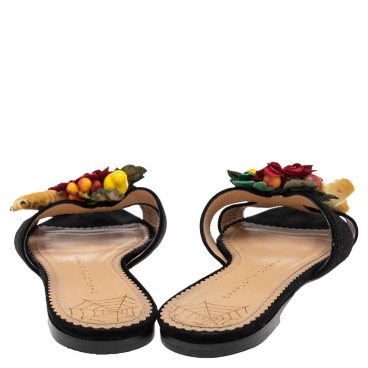 Pre Owned Charlotte Olympia Black Suede Tropical Floral Embellished Flat Slides Size 38