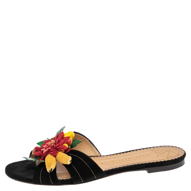 Pre Owned Charlotte Olympia Black Suede Tropical Floral Embellished Flat Slides Size 38