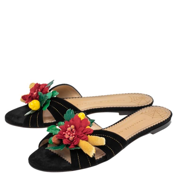 Pre Owned Charlotte Olympia Black Suede Tropical Floral Embellished Flat Slides Size 38