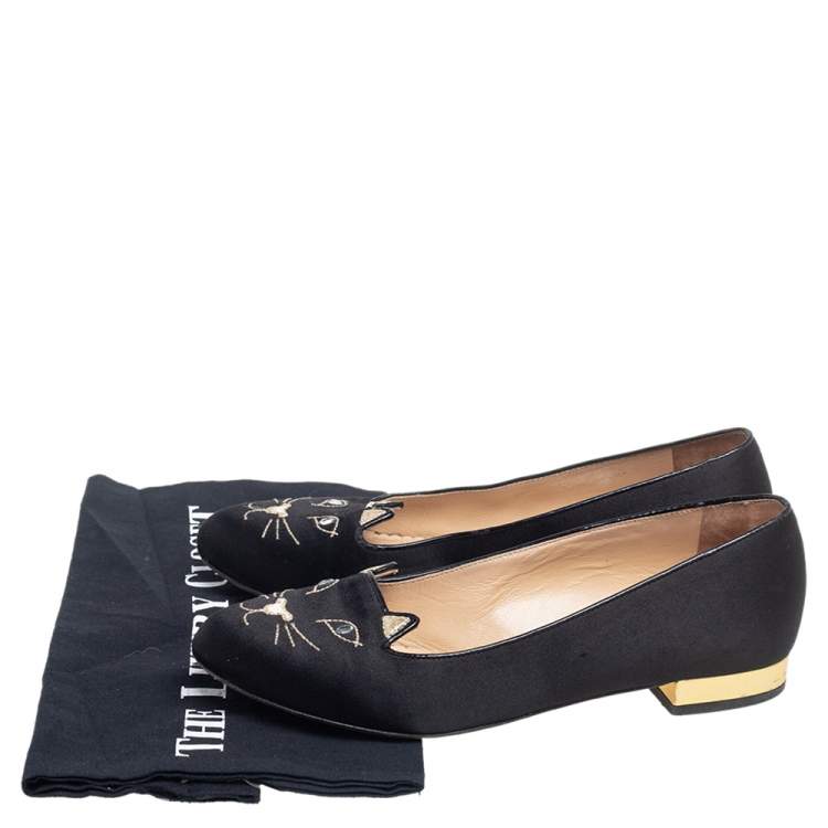 Pre Owned Charlotte Olympia Black Satin Emoticat Cheeky Kitty Flat Sandals Size 37