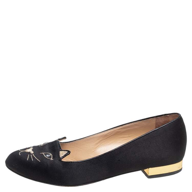 Pre Owned Charlotte Olympia Black Satin Emoticat Cheeky Kitty Flat Sandals Size 37