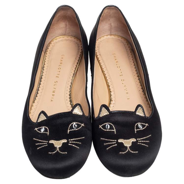 Pre Owned Charlotte Olympia Black Satin Emoticat Cheeky Kitty Flat Sandals Size 37