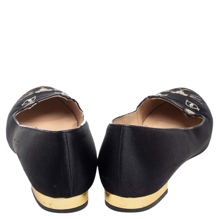 Pre Owned Charlotte Olympia Black Satin Emoticat Cheeky Kitty Flat Sandals Size 37