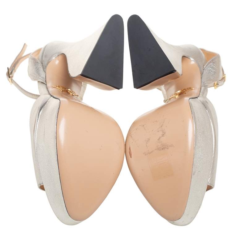 Pre Owned Charlotte Olympia Metallic Silver Leather Platform Sandals Size 41
