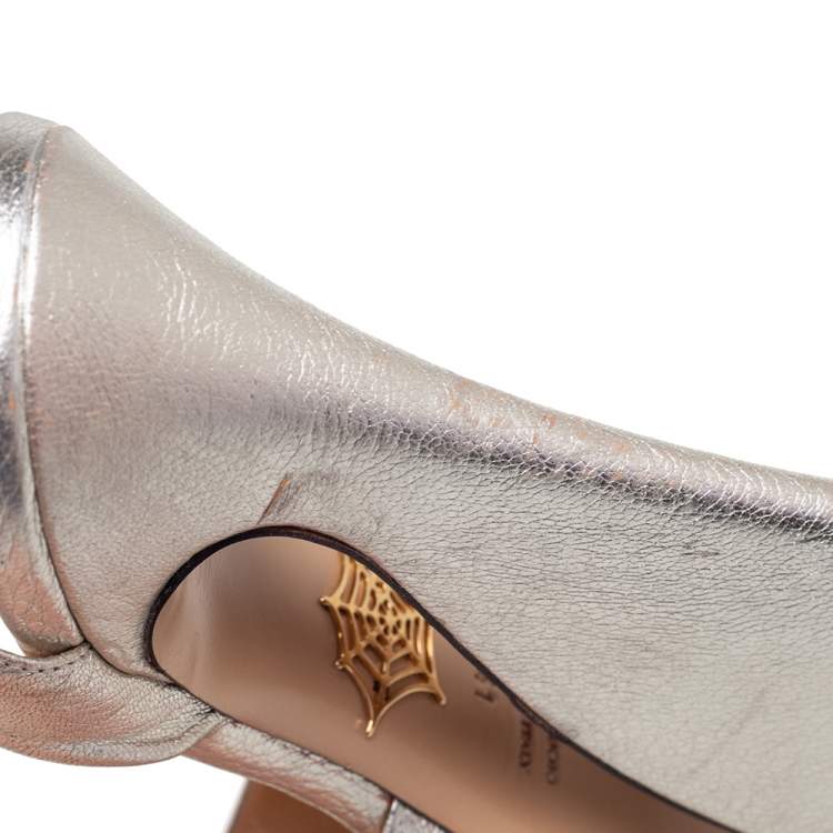 Pre Owned Charlotte Olympia Metallic Silver Leather Platform Sandals Size 41