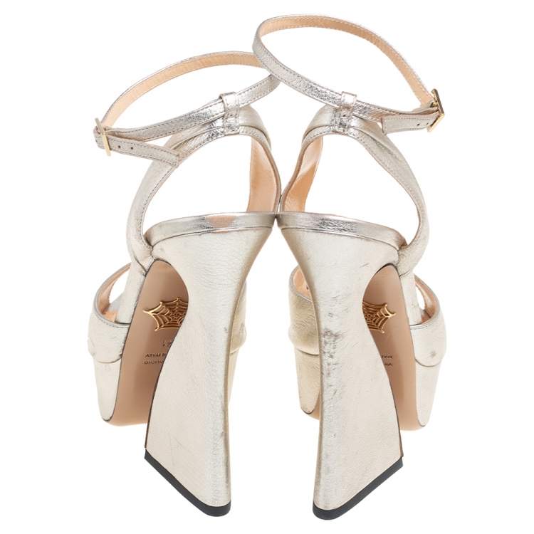 Pre Owned Charlotte Olympia Metallic Silver Leather Platform Sandals Size 41
